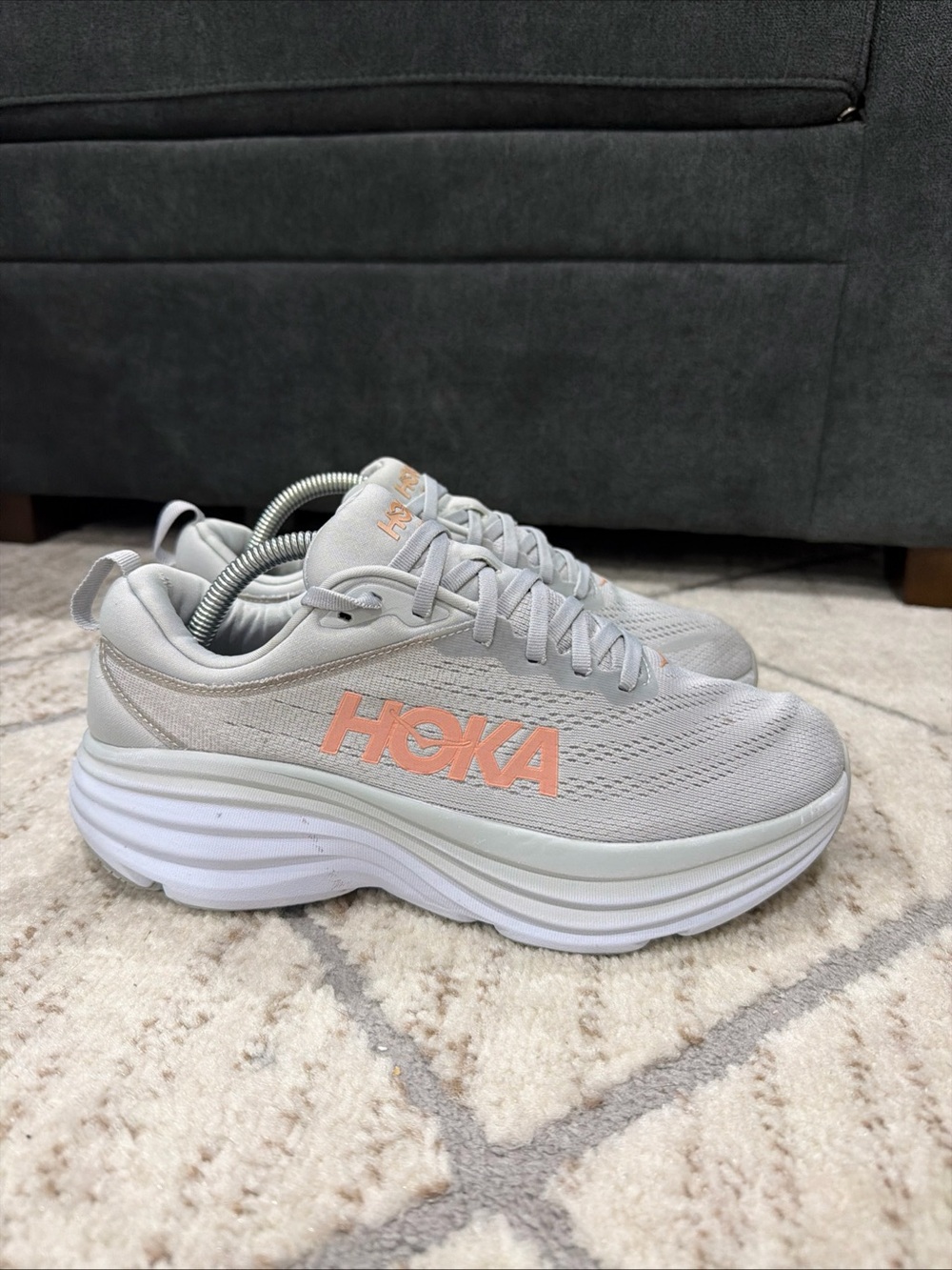 Hoka Bondi 8 Shoes Womens Size 9.5 Harbor Mist Lunar Rock Running Road Sneakers